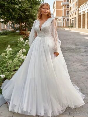 Pastroal Plus Size Wedding Dresses For Bride V-Neck Puff Sleeves Bride Gown Lace Applique Sweep Train A-Line Robe De Mariée