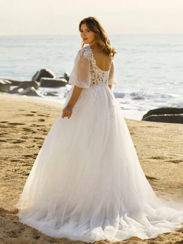 Beach Wedding Dresses Plus Size V Neck Puff Illusion Sleeves Bride Gowns Appliques Floor Length A-Line Tulle Vestido PSL980026 - Imagen 2