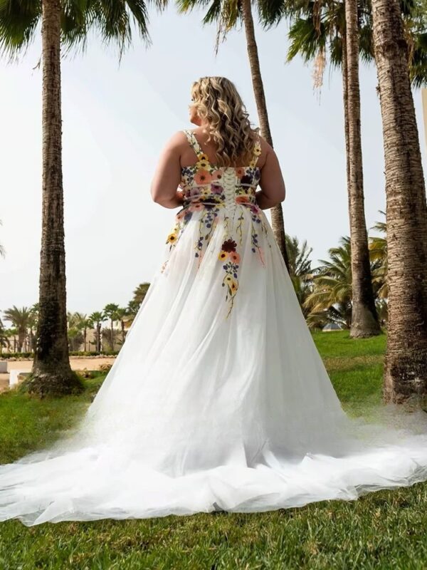 Sexy Wedding Dresses Plus Size 2023 Deep V-Neck Lace Up Bride Gowns With Flowers Tulle A-Line Sweep Train Vestido De Noiva - Imagen 2