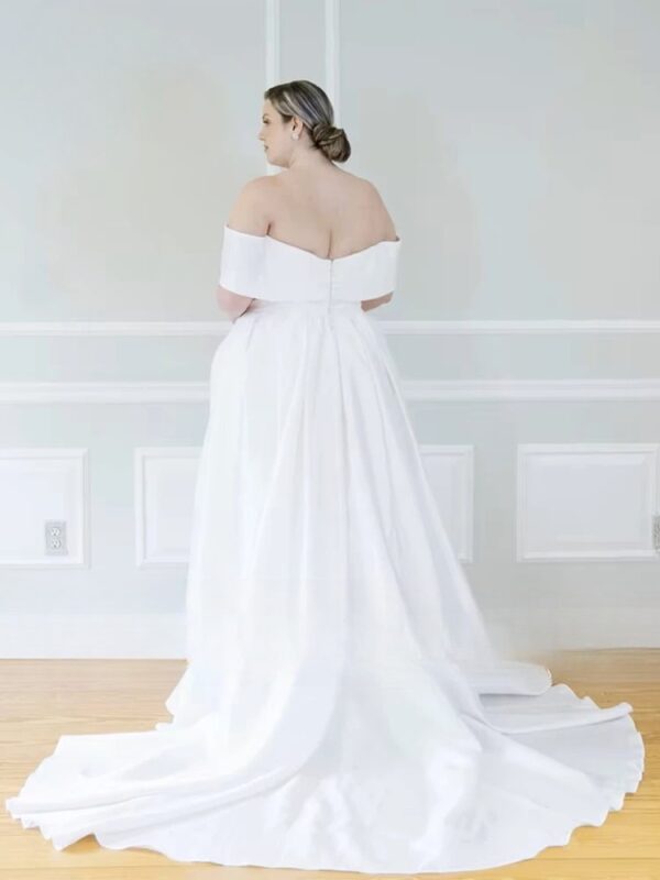 Customize Wedding Dresses Women Plus Size Off The Shoulder V-Neck Bride Gown Satin Side Split A-Line Sweep Train Robe De Mariée - Imagen 2
