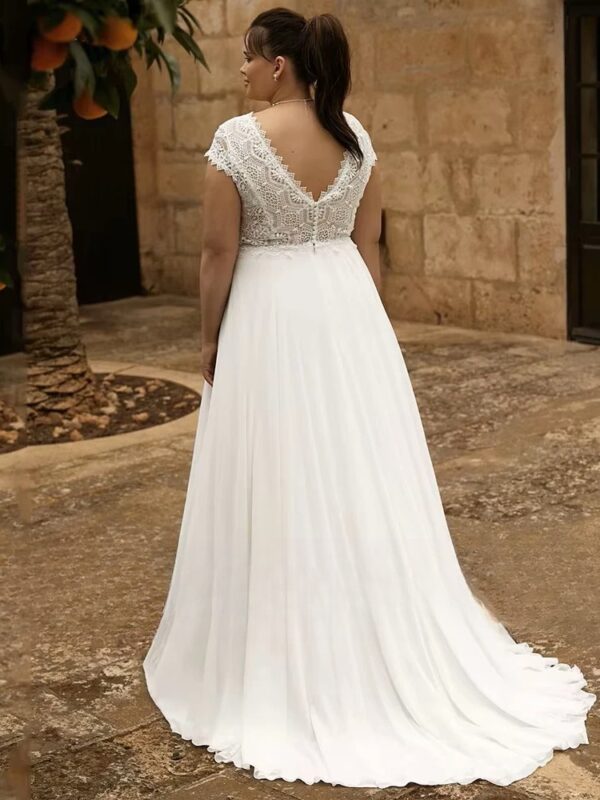 Customized Lace Wedding Dresses Plus Size V Neck Short Sleeves Backless Bride Gowns Sweep Train A-Line Chiffon Vestido De Noiva - Imagen 2