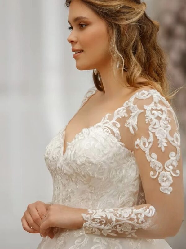 Pastrol Customized Wedding Dresses V Neck Bride Gowns Lace Appliques Back Lace Up Tulle A-Line Sweep Train Vestidos De Novia - Imagen 3