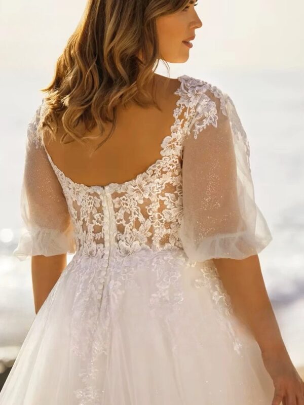 Beach Wedding Dresses Plus Size V Neck Puff Illusion Sleeves Bride Gowns Appliques Floor Length A-Line Tulle Vestido PSL980026 - Imagen 4
