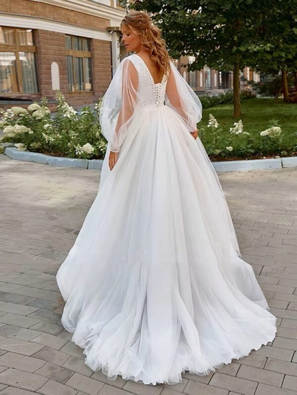 Pastroal Plus Size Wedding Dresses For Bride V-Neck Puff Sleeves Bride Gown Lace Applique Sweep Train A-Line Robe De Mariée - Imagen 2
