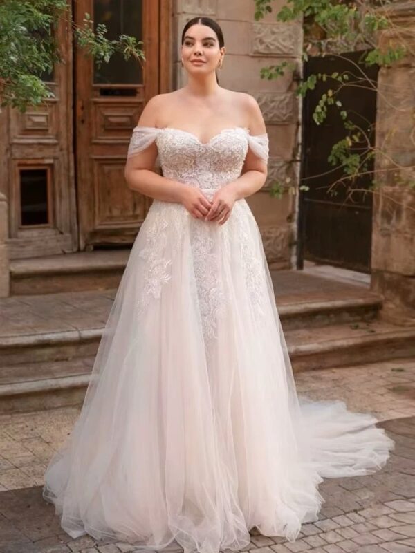 Classic Off Shoulder A-Line Wedding Dresses Plus Size Sweetheart Neck Bride Gowns Appliques Floor Length Tulle Robe De Mariee - Imagen 2