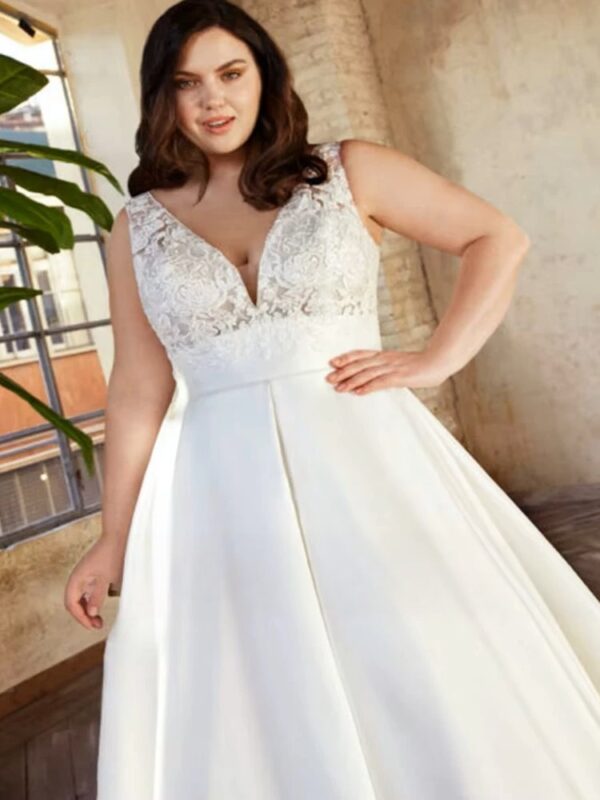 Classic Satin A-Line Wedding Dresses Plus Size V-Neck Sleeveless Bride Gowns Women 2023 Empire Sweep Train Vestido De Noiva - Imagen 3