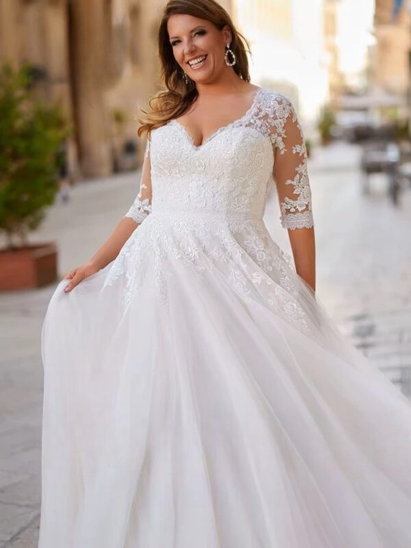 Elegant Tulle Wedding Dresses Plus Size V Neck 3/4 Sleeves Bride Gowns Back Lace Up Sweep Train A-Line Vestido De Noiva 2025 - Imagen 3