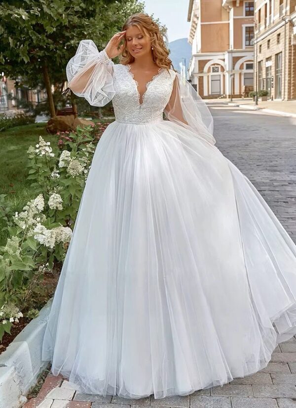 Pastroal Plus Size Wedding Dresses For Bride V-Neck Puff Sleeves Bride Gown Lace Applique Sweep Train A-Line Robe De Mariée - Imagen 3