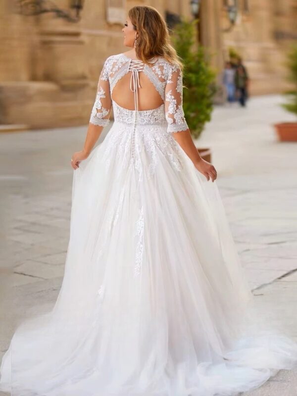 Elegant Tulle Wedding Dresses Plus Size V Neck 3/4 Sleeves Bride Gowns Back Lace Up Sweep Train A-Line Vestido De Noiva 2025 - Imagen 2