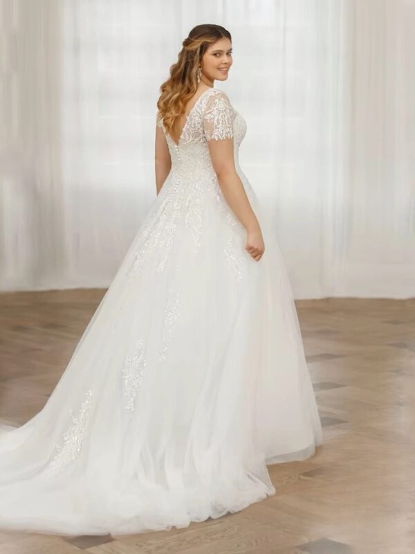 Customized Wedding Dresses Plus Size V-Neck Short Sleeves Bride Gowns Lace Applique A-Line Tulle Sweep Train Robe De Mariée - Imagen 2