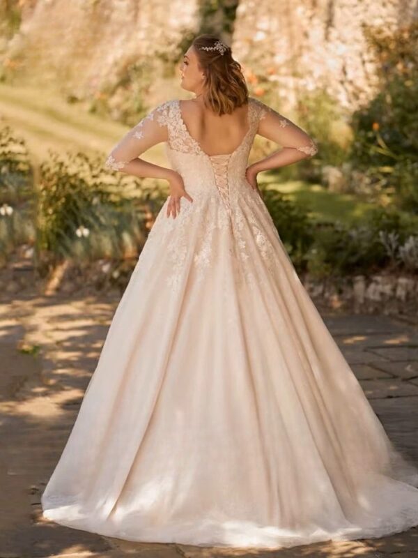 Customized Wedding Dresses Plus Size V Neck 3/4 Sleeves Bride Gowns Appliques Lace up Sweep Train Tulle A-Line Robe De PSL98009 - Imagen 2
