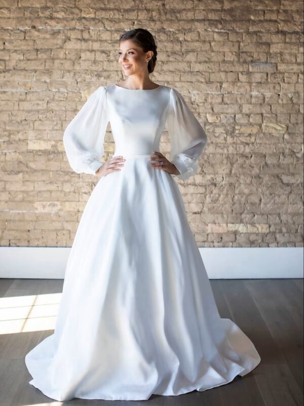 SoDigne Satin A-line Wedding Dresses Full Sleeves O-neck Bridal Dress Elegant Long Bridal Gown vestidos de novia Customized - Imagen 3