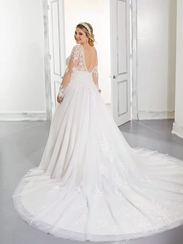 Exquisite Wedding Dresses Plus Size V-Neck Long Sleeves Empire Bride Gowns Lace Applique Sweep Train A-Line Robe De Mariée 2023 - Imagen 2