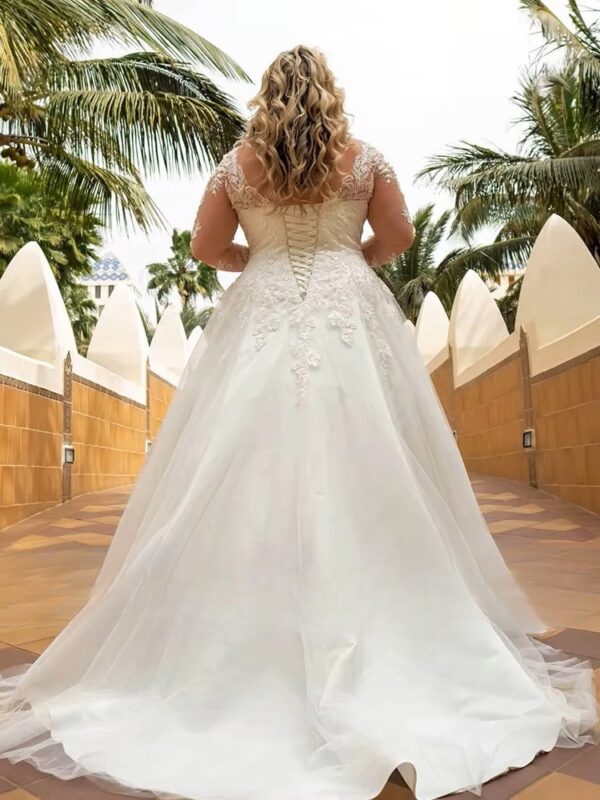 Elegant Wedding Dresses Plus Size 2023 V-Neck Full Sleeves Lace Up Long Bride Gowns Tulle A-Line Sweep Train Vestido De Noiva - Imagen 2