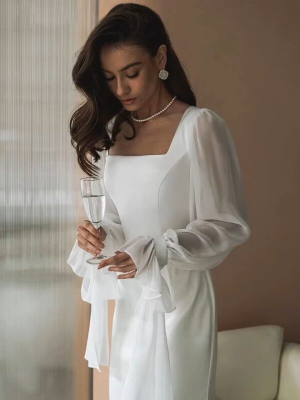 SoDigne Simple Wedding Dresses Square Neck Puff Sleeves Bodycon Satin Bride Dresses Vintage Bridal Gown Floor length Customized - Imagen 4