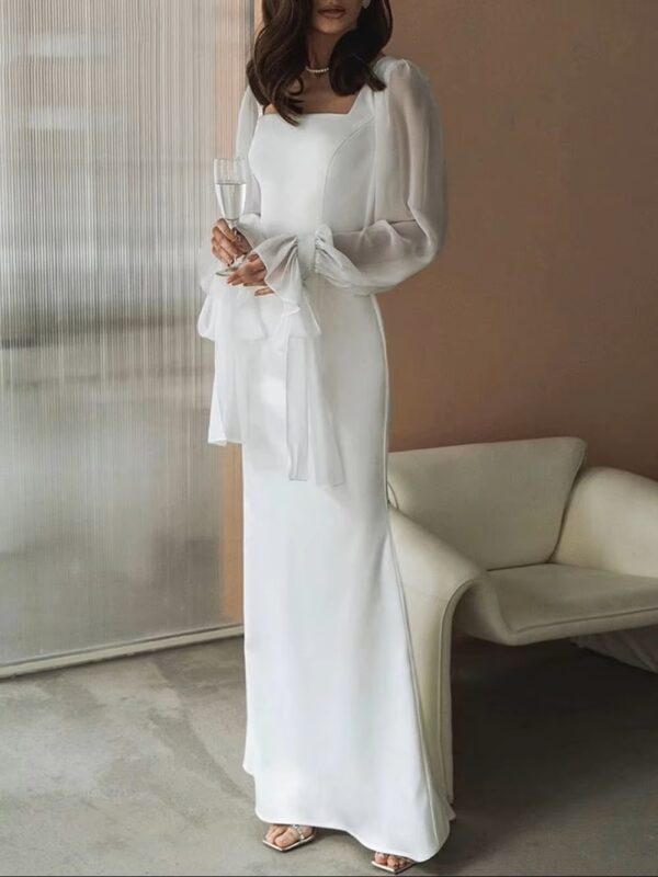 SoDigne Simple Wedding Dresses Square Neck Puff Sleeves Bodycon Satin Bride Dresses Vintage Bridal Gown Floor length Customized - Imagen 2