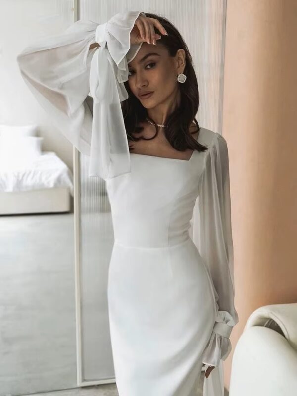 SoDigne Simple Wedding Dresses Square Neck Puff Sleeves Bodycon Satin Bride Dresses Vintage Bridal Gown Floor length Customized - Imagen 3