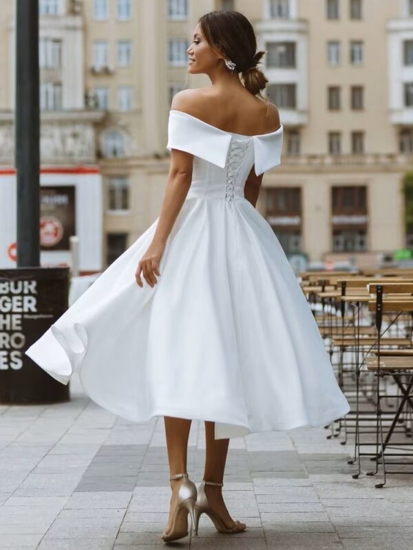 LORIE Simple Tea-length Wedding Dress Off the shoulder White Ivory Satin A-line Short Bride Gowns Beach Customized Wedding Gown - Imagen 2