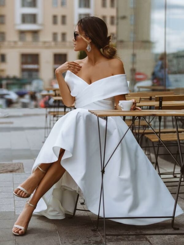 LORIE Simple Tea-length Wedding Dress Off the shoulder White Ivory Satin A-line Short Bride Gowns Beach Customized Wedding Gown - Imagen 3