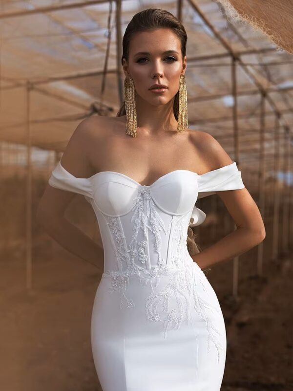 Elegant Mermaid Sweetheart Wedding Dress Women Lace Applique Off The Shoulder Crepe Bridal Gown Vestidos De Novia Customized - Imagen 4