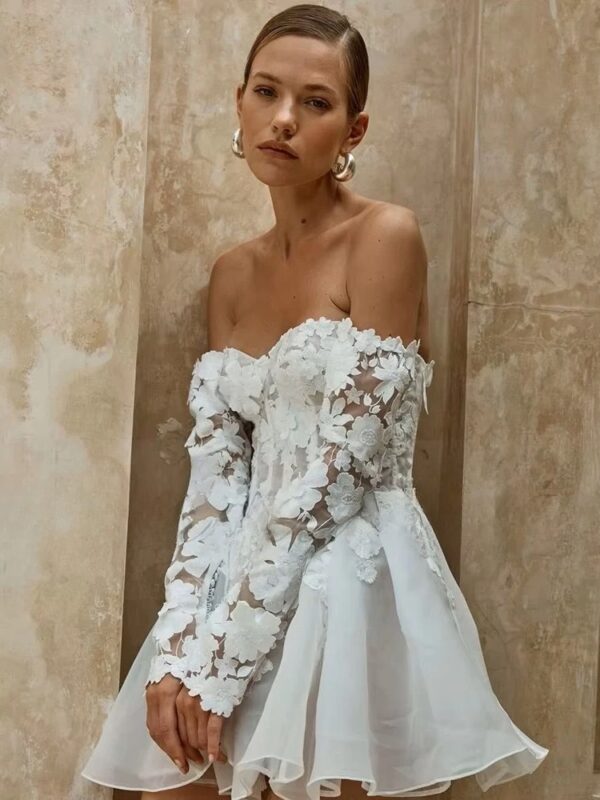 Civil Short Boho Wedding Dresses Appliques Half Sleeve sweetheart Mini Wedding Gowns For Bride Floral Print Robe 2025 Customized - Imagen 3