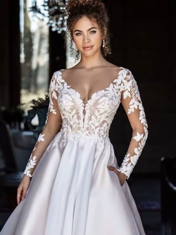 SoDigne Backless Boho Wedding Dresses With Pockets Long Sleeves V Neck Lace Bridal Dress Satin Bride Gowns Customized - Imagen 3