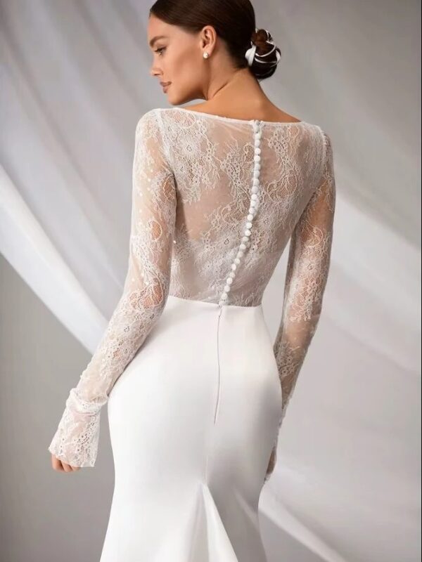 SoDigne Mermaid Elegant Wedding Dress Square Collar Full Sleeves Satin/Lace Bride Dresses Split Bridal Gown Vestido De Noiva - Imagen 2