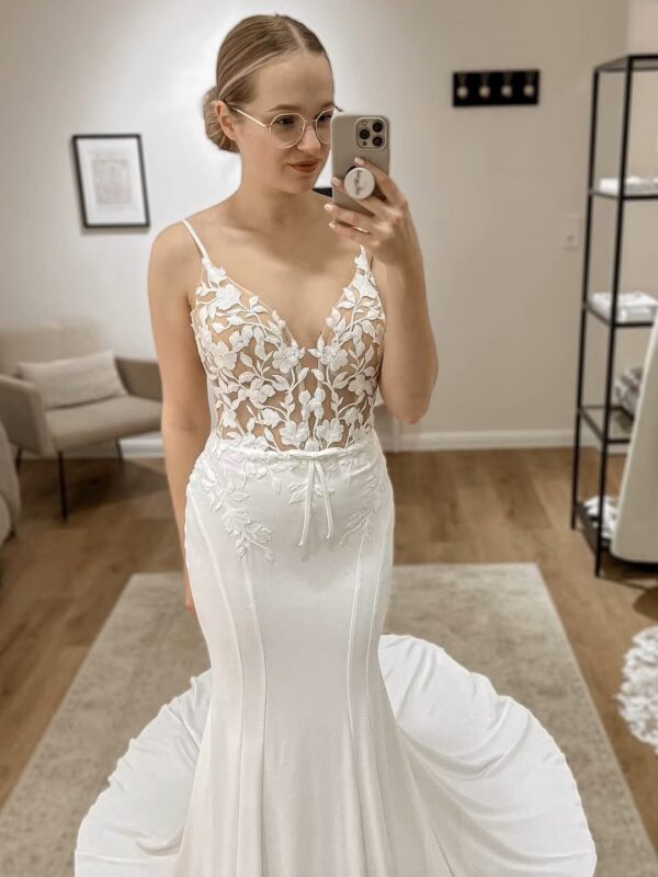 SoDigne Mermaid Satin Appliques Wedding Dresses V Neck Sleeveless Bridal Dress Long Wedding Gown Robe De Mairee ﻿Customized ﻿ - Imagen 3