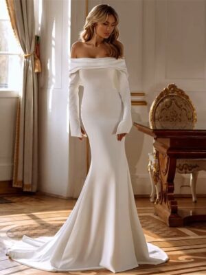 Modern Long Sleeves Mermaid Wedding Dress 2025 Off The Shoulder Pleat Open Back Train Bridal Gown Vestido De Noiva Customized