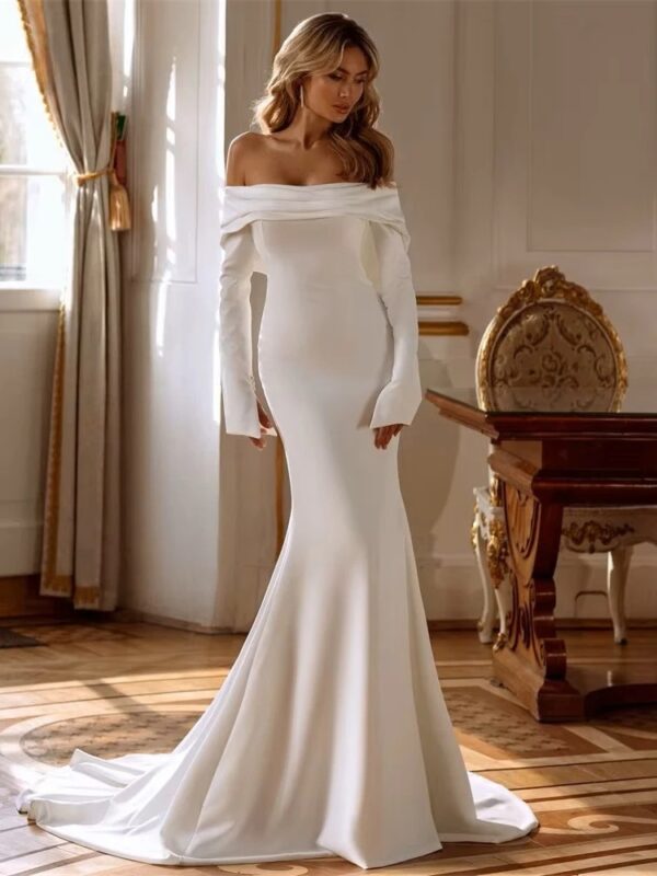 Modern Long Sleeves Mermaid Wedding Dress 2025 Off The Shoulder Pleat Open Back Train Bridal Gown Vestido De Noiva Customized
