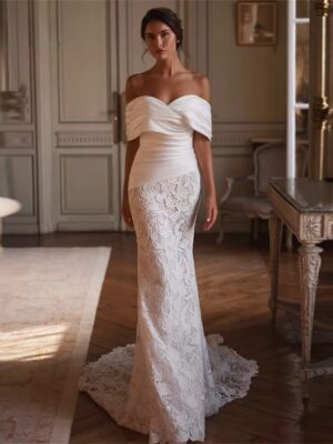 BIGDAY Luxury Lace Mermaid Wedding Dress Women Off The Shoulder Pleat Open Back V-Neck Bridal Gown Vestido De Noiva Customized