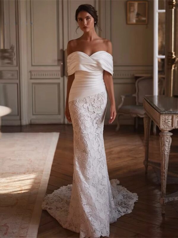 BIGDAY Luxury Lace Mermaid Wedding Dress Women Off The Shoulder Pleat Open Back V-Neck Bridal Gown Vestido De Noiva Customized