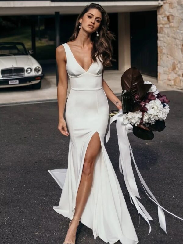 SoDigne Satin Simple Mermaid Wedding Dresses V-neck Sleeveless Elegant Bridal Dress Split Long Bride Gown vestidos de novia - Imagen 3