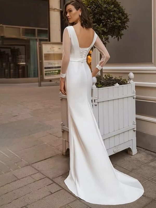 Elegant Long Sleeve Wedding Dress 2025 Mermaid Open Back Satin Backless O-Neck Bridal Gown  Lace Up Vestido De Novia Customized - Imagen 2