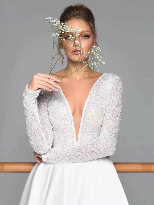 Luxury Long Sleeve Satin Wedding Dress Deep V-Neck Side Split Bridal Gown Vestido De Novia Train Vestidos De Novia Customized - Imagen 3