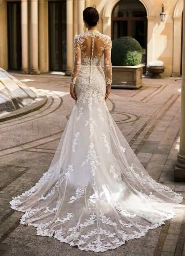 SoDigne Mermaid Lace Appliques Wedding Dresses Tulle Full Sleeves Bridal Dress Long Bride Gown vestidos de novia Customized - Imagen 2