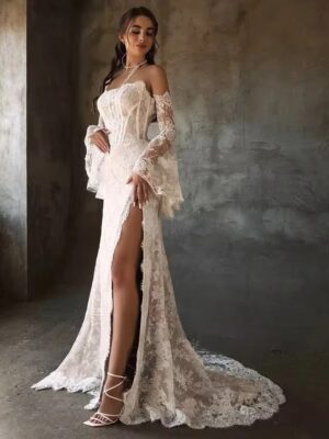SoDigne Mermaid Lace Wedding Dresses Strapless Detachable Sleeves Bridal Dress Split Wedding Gown Robe De Mairee ﻿Customized