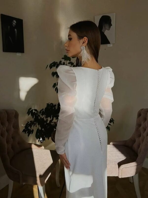 SoDigne Classic Satin Wedding Dresses Mermaid Puff Sleeves Square Neck Bridal Gown With Button Wedding Party Dress - Imagen 4