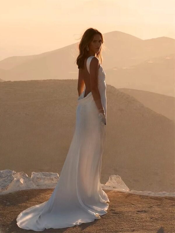 Modern Mermaid Wedding Dresses Women 2025 Boat Neck Sleeveless Open Back Sweep Train Bridal Gown Vestido De Noiva Customized - Imagen 2