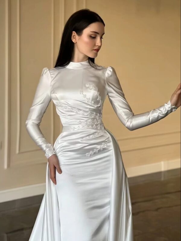 SoDigne Mermaid Satin Wedding Dresses High Neck Full Sleeves Bridal Dress Detachable Train Bride Gown Robe De Mairee ﻿Customized - Imagen 2