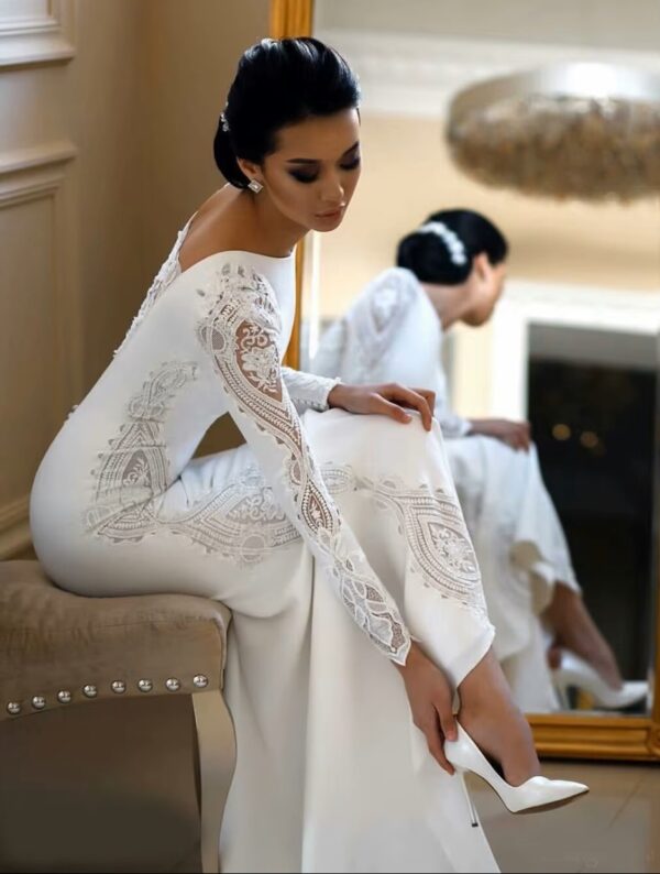SoDigne Muslim Mermaid Satin Lace Wedding Dresses For Women 2023 Long Sleeves Arabic Bridal Dress Elegant Bride Gown Customized - Imagen 3