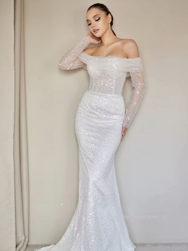 SoDigne Mermaid Glitter Wedding Dresses Off Shoulder Long Sleeves Sequined Bridal Dress Wedding Gown Robe De Mairee Customized - Imagen 2