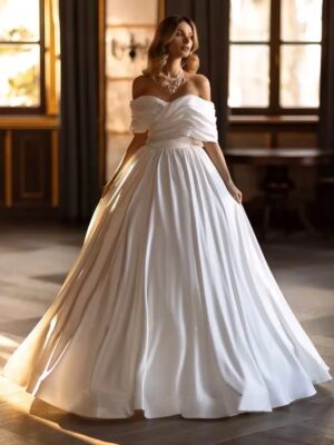 SoDigne Satin Simple Wedding Dresses Off Shoulder Sleeveless A-line Bride Gown Long Lace Up Bridal Dress vestidos de novia