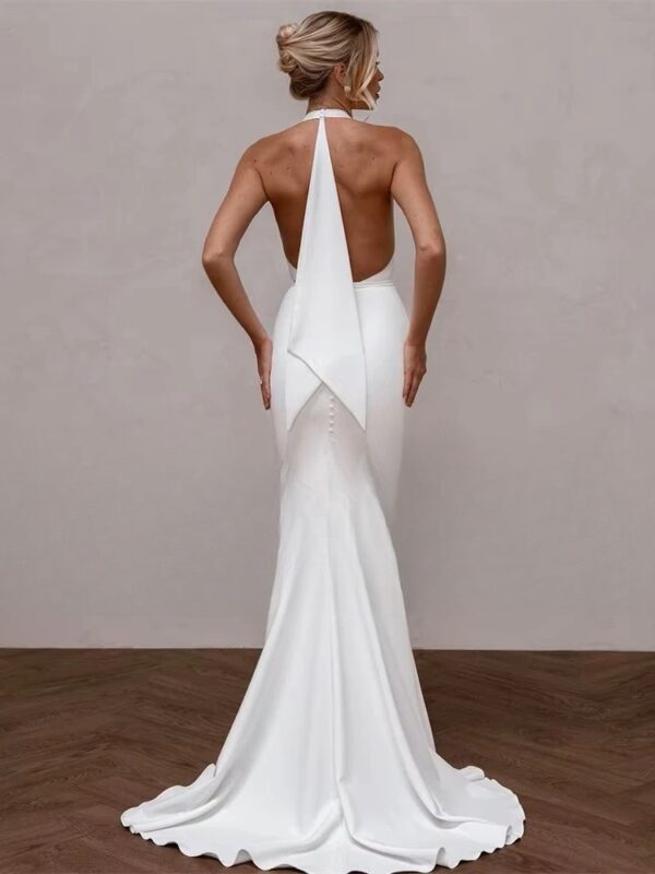 Elegant Mermaid Wedding Dress V-Neck Halter Open Back Simple Buttons Pleat Bridal Gown Sweep Train Vestidos De Noiva Customized - Imagen 3