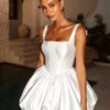 Simple Square Collar Satin Mini Wedding Dress Spaghetti Straps Ball Gowns 2025 Pleat Bow Backless Lace Up Short Gowns Customized