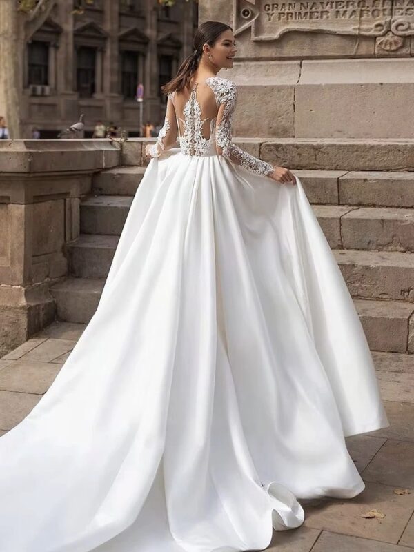 SoDigne A-line Satin Wedding Dresses O-neck Appliques Full Sleeves Bridal Dress Long Bride Gown vestidos de novia Customized - Imagen 2