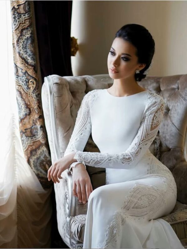 SoDigne Muslim Mermaid Satin Lace Wedding Dresses For Women 2023 Long Sleeves Arabic Bridal Dress Elegant Bride Gown Customized - Imagen 2