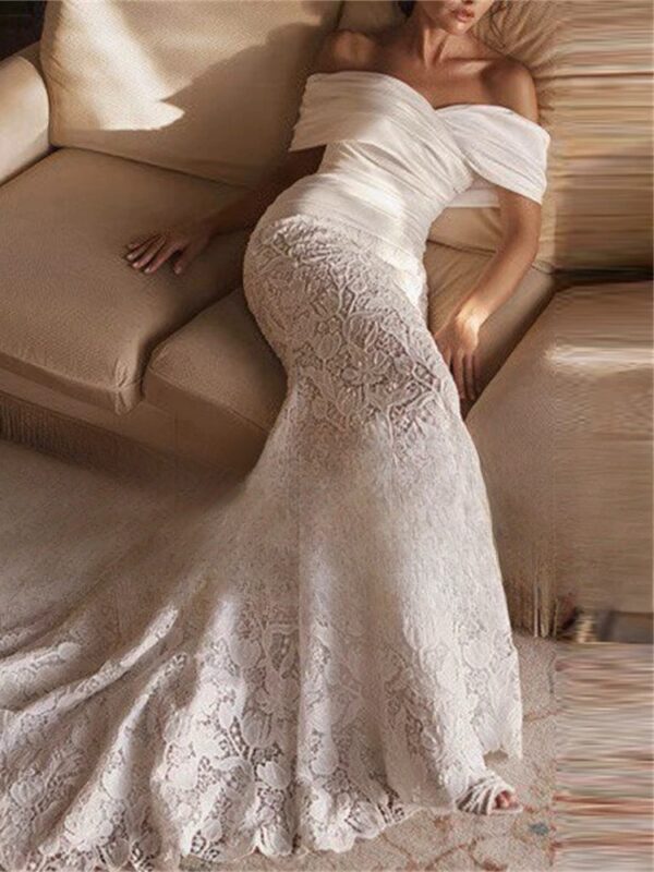 BIGDAY Luxury Lace Mermaid Wedding Dress Women Off The Shoulder Pleat Open Back V-Neck Bridal Gown Vestido De Noiva Customized - Imagen 3
