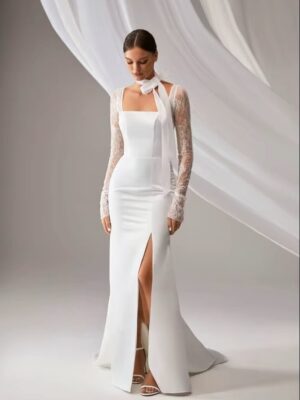 SoDigne Mermaid Elegant Wedding Dress Square Collar Full Sleeves Satin/Lace Bride Dresses Split Bridal Gown Vestido De Noiva
