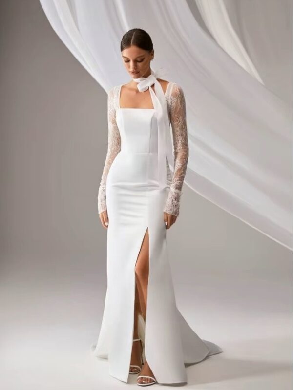 SoDigne Mermaid Elegant Wedding Dress Square Collar Full Sleeves Satin/Lace Bride Dresses Split Bridal Gown Vestido De Noiva